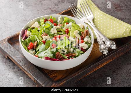 Köstlicher frischer Salat mit Blattsalat, getrockneten Kirschen, Gorgonzolakäse, Pekannüssen mit Vinaigrette-Sauce aus nächster Nähe in einer Schüssel auf dem Tisch. Hor Stockfoto