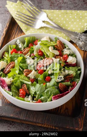 Michigan Salat mit Blattsalat, getrockneten Kirschen, Pekannuss, Blauschimmelkäse und einer Vinaigrette auf dem Teller auf dem Tisch. Vertikal Stockfoto