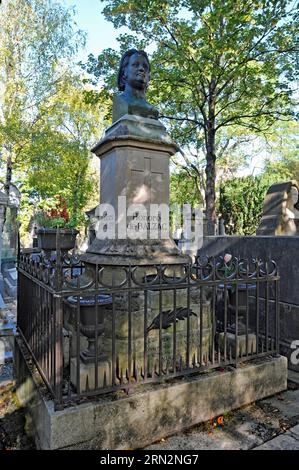 Eine Büste des französischen Schriftstellers Honoré de Balzac steht an seinem Grab auf dem Pariser Friedhof Père Lachaise. Stockfoto