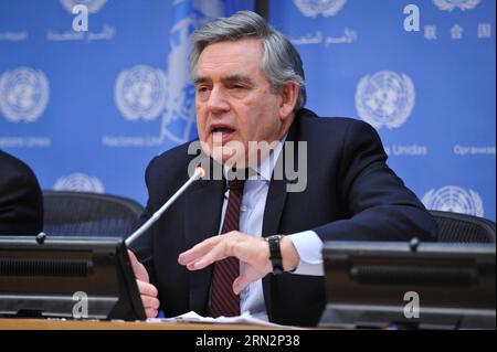 (150318) -- NEW YORK, 18. März 2015 -- Gordon Brown, UN-Sondergesandter für globale Bildung, spricht während eines Pressebriefings im UN-Hauptquartier in New York am 18. März 2015. Der ehemalige britische Premierminister Gordon Brown forderte am Mittwoch grundlegende Änderungen, um die Schulen in den gefährlichsten Gebieten der Welt am UN-Hauptsitz in New York sicherer zu machen. ) UN-NEW YORK-EDUCATION-GORDON BROWN NiuxXiaolei PUBLICATIONxNOTxINxCHN New York 18. März 2015 Gordon Brown UN-Sondergesandter für Global Education spricht während eines Pressebriefs AM UN-Hauptsitz in New York AM 18. März 2015 Fo Stockfoto