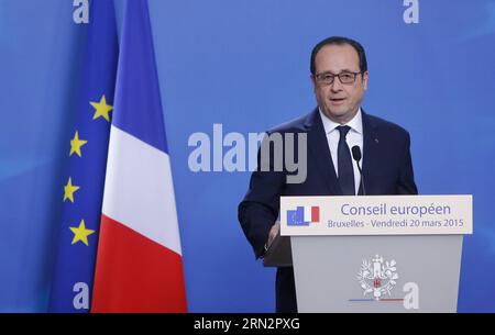 (150320) -- BRÜSSEL, 20. März 2015 -- der französische Präsident Francois Hollande spricht während einer Pressekonferenz nach dem EU-Gipfel am 20. März 2015 im EU-Hauptsitz in Brüssel, Belgien. Die europäischen Staats- und Regierungschefs vereinbarten auf einem Gipfeltreffen in Brüssel die Schaffung einer Energieunion und legten die ersten Schritte durch eine beschleunigte Anbindung der nationalen Rohrleitungen und Stromnetze dar. Zhou Lei) BELGIEN-EU-FRÜHJAHRSGIPFEL?? PUBLICATIONxNOTxINxCHN Brüssel 20. März 2015 der französische Präsident Francois Hollande spricht auf einer Pressekonferenz nach dem EU-Gipfel IN der EU He Stockfoto