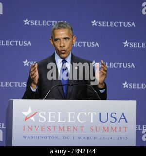 (150323) -- WASHINGTON D.C., 23. März 2015 -- US-Präsident Barack Obama spricht während des SelectUSA Investment Summit 2015 in Washington D.C., Hauptstadt der Vereinigten Staaten, 23. März 2015. US-Präsident Barack Obama kündigte am Montag eine Reihe neuer Maßnahmen an, um mehr ausländische Investitionen anzulocken und die wirtschaftliche Erholung anzukurbeln. ) US-WASHINGTON D.C.-SELECTUSA-INVESTMENT SUMMIT BaoxDandan PUBLICATIONxNOTxINxCHN Washington D C 23. März 2015 US-Präsident Barack Obama spricht während des Investitionsgipfels 2015 in Washington D C Hauptstadt der Vereinigten Staaten 23. März 2015 US-Präsident Barack Obama Stockfoto