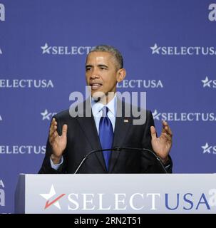 (150323) -- WASHINGTON D.C., 23. März 2015 -- US-Präsident Barack Obama spricht während des SelectUSA Investment Summit 2015 in Washington D.C., Hauptstadt der Vereinigten Staaten, 23. März 2015. US-Präsident Barack Obama kündigte am Montag eine Reihe neuer Maßnahmen an, um mehr ausländische Investitionen anzulocken und die wirtschaftliche Erholung anzukurbeln. ) US-WASHINGTON D.C.-SELECTUSA-INVESTMENT SUMMIT BaoxDandan PUBLICATIONxNOTxINxCHN Washington D C 23. März 2015 US-Präsident Barack Obama spricht während des Investitionsgipfels 2015 in Washington D C Hauptstadt der Vereinigten Staaten 23. März 2015 US-Präsident Barack Obama Stockfoto