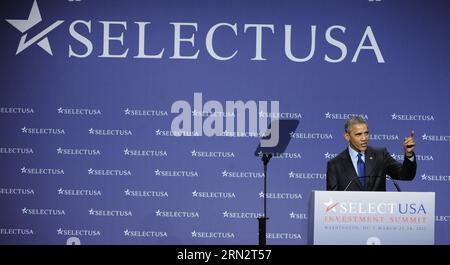 (150323) -- WASHINGTON D.C., 23. März 2015 -- US-Präsident Barack Obama spricht während des SelectUSA Investment Summit 2015 in Washington D.C., Hauptstadt der Vereinigten Staaten, 23. März 2015. US-Präsident Barack Obama kündigte am Montag eine Reihe neuer Maßnahmen an, um mehr ausländische Investitionen anzulocken und die wirtschaftliche Erholung anzukurbeln. ) US-WASHINGTON D.C.-SELECTUSA-INVESTMENT SUMMIT BaoxDandan PUBLICATIONxNOTxINxCHN Washington D C 23. März 2015 US-Präsident Barack Obama spricht während des Investitionsgipfels 2015 in Washington D C Hauptstadt der Vereinigten Staaten 23. März 2015 US-Präsident Barack Obama Stockfoto