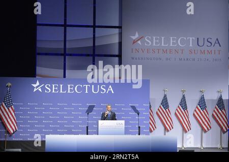 (150323) -- WASHINGTON D.C., 23. März 2015 -- US-Präsident Barack Obama spricht während des SelectUSA Investment Summit 2015 in Washington D.C., Hauptstadt der Vereinigten Staaten, 23. März 2015. US-Präsident Barack Obama kündigte am Montag eine Reihe neuer Maßnahmen an, um mehr ausländische Investitionen anzulocken und die wirtschaftliche Erholung anzukurbeln. ) US-WASHINGTON D.C.-SELECTUSA-INVESTMENT SUMMIT BaoxDandan PUBLICATIONxNOTxINxCHN Washington D C 23. März 2015 US-Präsident Barack Obama spricht während des Investitionsgipfels 2015 in Washington D C Hauptstadt der Vereinigten Staaten 23. März 2015 US-Präsident Barack Obama Stockfoto