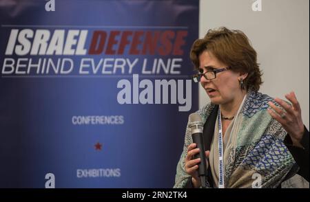 (150324) -- TEL AVIV, 24. März 2015 -- Kristin Lovejoy, Global Chief Security Officer von IBM, spricht auf einer Pressekonferenz während der Cybertech 2015 in Tel Aviv, Israel, am 24. März 2015. Cybertech 2015, eine internationale Konferenz und Ausstellung für Cyber-Lösungen weltweit, fand hier am Dienstag statt. Die zweitägige Veranstaltung zieht rund 100 israelische und internationale Unternehmen an, um die neuesten Cybertech-Innovationen auf diesem Gebiet zu präsentieren. Es werden über 5.000 Delegierte aus 50 Ländern und Regionen erwartet, die an der Veranstaltung teilnehmen werden. Fast 90 Reden zu Themen der Cyber-Lösungen im aktuellen Netz Stockfoto