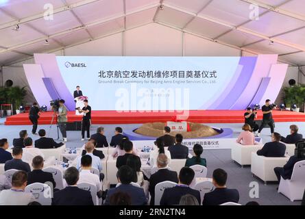 (230831) -- PEKING, 31. August 2023 (Xinhua) -- dieses Foto vom 31. August 2023 zeigt den Spatenstich für Beijing Aero Engine Services Company Limited in Peking, der Hauptstadt Chinas. MIT „Air China, Rolls-Royce Break Ground on MRO Joint Venture in Beijing“ (Air China/Handout via Xinhua) Stockfoto