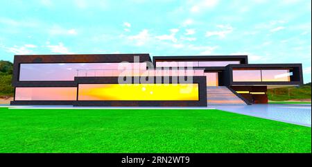 Helle Sonnenaufgangsreflexe in den Spiegelfenstern des modernen Gebäudes mit schwarzen Ziegelfliesen. 3D-Rendering. Stockfoto