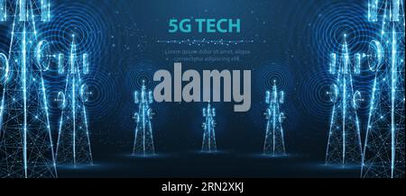 Abstrakter Antennenmast auf blau. 5G-Technologie, Telekommunikationsindustrie Stock Vektor