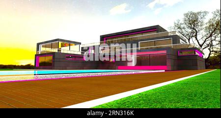 Pinkfarbene beleuchtete Elemente des modernen Hotels bei Nacht mit einem alten Baum im Hintergrund. 3D-Rendering. Stockfoto