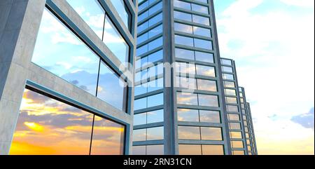 Mehrere Mehrfamilienhäuser in einer Reihe. Betonfassade mit großen Panoramafenstern. 3D-Rendering. Stockfoto