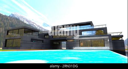 Sonnenlicht auf der warmen Wasserfläche des Pools im Garten des einzigartigen Hotels in den schneebedeckten Bergen. 3D-Rendering. Stockfoto