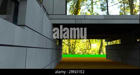 Durch den Durchgang in den tropischen Wald vom Innenhof des erweiterten Vorstadthauses mit Steinpaneelen. 3D-Rendering. Stockfoto