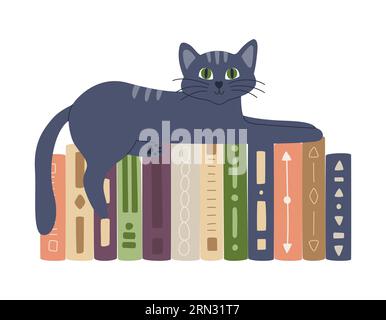 Hardcover-Bücher mit unterschiedlichen Mustern stehen in einer Reihe. Die süße Katze liegt auf Büchern. Heimbibliothek für Leseliebhaber. Flache Zeichentrickvektorillustration Stock Vektor