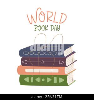 Ein Stapel Bücher mit verschiedenen Umschlägen, die mit Seilen gebunden sind. Grußkarte zum Weltbuchtag für Leseliebhaber. Flache Zeichentrickvektorillustration isoliert auf einem Stock Vektor