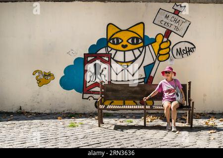 Frankreich, Herault, Sete, Quartier Haut (Oberes Viertel), Wandgemälde, die Teil des MACO (Musee à ciel ouvert) ist - Freilichtmuseum, This Is You (Chat c'EST toi) des Künstlers Mr Chat on Place Léon Blum Stockfoto