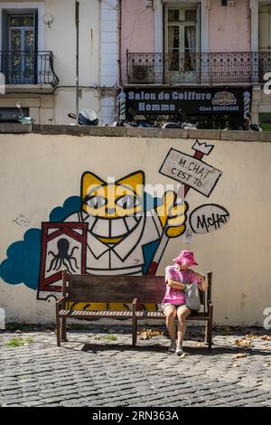 Frankreich, Herault, Sete, Quartier Haut (Oberes Viertel), Wandgemälde, die Teil des MACO (Musee à ciel ouvert) ist - Freilichtmuseum, This Is You (Chat c'EST toi) des Künstlers Mr Chat on Place Léon Blum Stockfoto