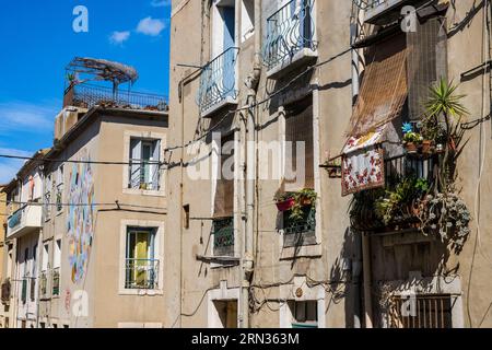 Frankreich, Herault, Sete, Quartier Haut (Oberes Viertel), Wandgemälde, die Teil des MACO (Musee à ciel ouvert) ist - Freilichtmuseum, Abendlicht des Künstlers Goddog in der Rue Pascal Stockfoto