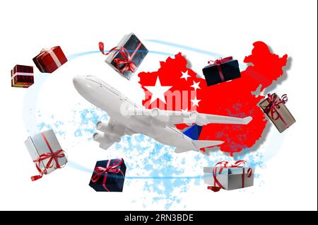 Logistikkonzept, Karte von china und Spielzeugflugzeug mit Versandkartons Stockfoto