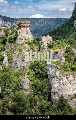 Frankreich, Aveyron, Peyreleau, Gorges de la Jonte, die Causses und die Cevennen, Kulturlandschaft der mediterranen Agropastoralismus, UNESCO-Weltkulturerbe, Ruinen der Einsiedelei Saint-Michel Stockfoto