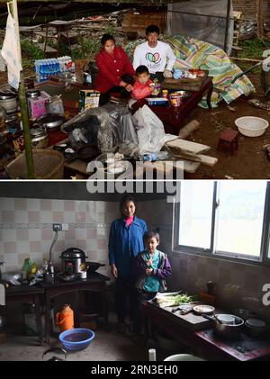 (150415) -- LUSHAN, 15. April 2015 -- das kombinierte Foto vom 2. Mai 2013 (oben) und 3. April 2015 zeigt die Familie von Luo Chunxiang (L) in einem provisorischen Zelt nach dem Erdbeben in Lushan (oben) und in ihrer neuen Küche in der Longmen Township des Lushan County, südwestlich der chinesischen Provinz Sichuan. Nun sind fast zwei Jahre vergangen, seit ein Erdbeben der Stärke 7,0 am 20. April 2013 das Lushan County erschütterte. Die Wiederaufbauarbeiten in der Region sind größtenteils abgeschlossen. ) (mp) CHINA-SICHUAN-LUSHAN-POST EARTHQUAKE-RECONSTRUCTION (CN) JinxLiangkuai PUBLICATIONxNOTxINxCHN Lushan 15. April 2015 kombiniert Phot Stockfoto