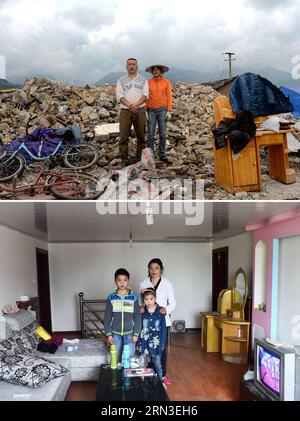 (150415) -- LUSHAN, 15. April 2015 -- kombinierte Aufnahme vom 2. Mai 2013 (oben) und 4. April 2015 zeigt Yang Jiarong (R) und ihren Mann, der nach dem Erdbeben in Lushan (oben) vor ihrem baufälligen Haus steht. und Yang mit ihren Kindern in ihrem neuen Zuhause in der Longmen Township im Lushan County, der südwestchinesischen Provinz Sichuan. Nun sind fast zwei Jahre vergangen, seit ein Erdbeben der Stärke 7,0 am 20. April 2013 das Lushan County erschütterte. Die Wiederaufbauarbeiten in der Region sind größtenteils abgeschlossen. ) (mp) CHINA-SICHUAN-LUSHAN-POST-EARTHQUAKE-RECONSTRUCTION (CN) JinxLiangkuai PUBLICATIONxNOTx Stockfoto