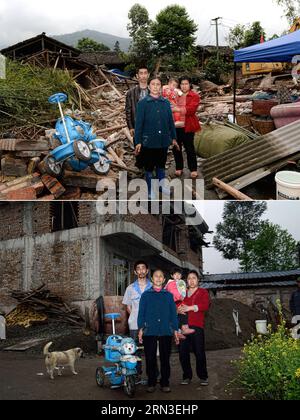 (150415) -- LUSHAN, 15. April 2015 -- das kombinierte Foto vom 2. Mai 2013 (oben) und 4. April 2015 zeigt die Familie von Xiong Zhiquan (1. L), die vor ihrem verfallenen Haus nach dem Erdbeben in Lushan (oben) steht und ein neues Zuhause in der Longmen Township des Lushan County, der südwestlichen chinesischen Provinz Sichuan. Nun sind fast zwei Jahre vergangen, seit ein Erdbeben der Stärke 7,0 am 20. April 2013 das Lushan County erschütterte. Die Wiederaufbauarbeiten in der Region sind größtenteils abgeschlossen. ) (mp) CHINA-SICHUAN-LUSHAN-POST EARTHQUAKE-RECONSTRUCTION (CN) JinxLiangkuai PUBLICATIONxNOTxINxCHN Lushan 15. April 2 Stockfoto