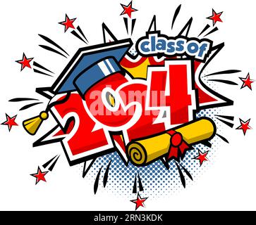 Graduiertenschneidwerk, Klasse 2024. Dekoriere die Gratulation für Schulabgänger im Comic-Stil. Vektor auf transparentem Hintergrund Stock Vektor