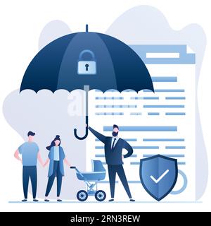 Glückliche Familie mit Kinderwagen, Geschäftsmann hält Regenschirm mit Schloss. Papiervertrag und Sicherheitsschild. Krankenpflege mit Versicherungskonzept Hintergrund Stock Vektor