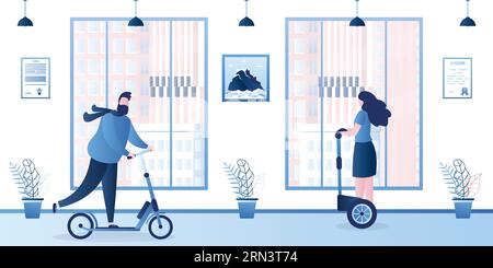 Flur im Bürogebäude. Geschäftsleute fahren auf modernen Öko-Fahrrädern. Umweltfreundliche Transport- und Modefiguren. Cartoon-Innenraum mit Möbeln. Fl Stock Vektor