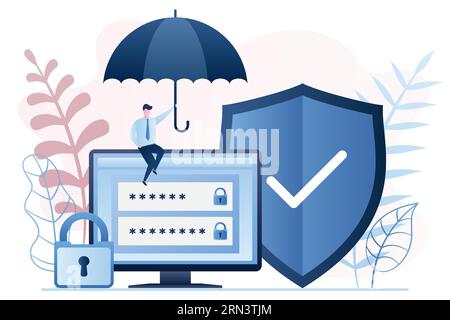 Datenschutztechnologie. Geschäftsmann mit Regenschirm. Monitor-Bildschirm mit Anmeldung und Kennwort. Schild und Vorhängeschloss. Backgr. Des Internet-Sicherheitskonzepts Stock Vektor