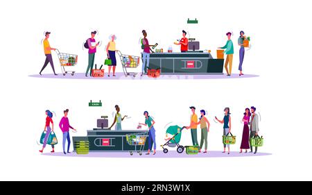Käufergruppe, die Einkäufe an der Kasse im Supermarkt bezahlt Stock Vektor