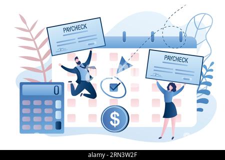 Kalender mit Zahlungstag, Rechner und Geschäftsleuten, die Gehaltsscheck besitzen. Mitarbeiter erhalten Gehaltsschecks in bar. Lustige Geschäftsfiguren im trendigen Stil. Vect Stock Vektor