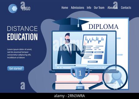 Webseitenvorlage für Online-Schulungen oder Schulungen für Unternehmen. Landing-Page für Fernunterricht. Bücher und Laptop-pc mit Videokurs, männlicher Lehrer auf dem Bildschirm Stock Vektor