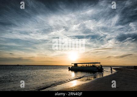 CAPERS ISLAND, South Carolina – Ein ruhiger Blick auf die unberührte Küste von Capers Island, einer der wenigen unerschlossenen Barriereinseln entlang der Küste von South Carolina. Die Insel ist für ihre natürliche Schönheit bekannt und bietet Besuchern einen seltenen Einblick in die unberührte Küstenlandschaft der Region. Stockfoto