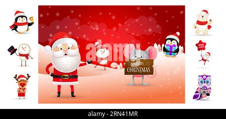 Frohe Weihnachten mit Weihnachtsmann und Helfern Stock Vektor