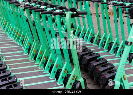 Reihen von grünen Elektrorollern, die auf einem Bürgersteig in der Stadt geparkt sind. Privatfahrzeuge für den Stadtverkehr können gemietet werden Stockfoto