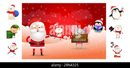 Weihnachtskarte mit Weihnachtsmann und Helfern Stock Vektor