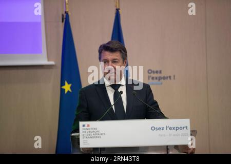 Olivier Becht, Minister Delegierter beim Minister für Europa und auswärtige Angelegenheiten, zuständig für Außenhandel, Attraktivität und die französischen Auslandsmärkte, bei der Einleitung des Plans "Dare to Export". Paris, 31. August 2023. Fotos von Jeremy Paoloni/ABACAPRESS.COM Stockfoto