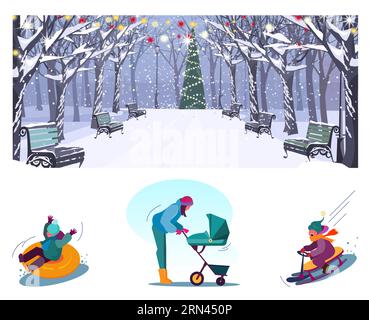 Aktivitäten im Weihnachtspark flaches Vektor-Illustrationsset Stock Vektor