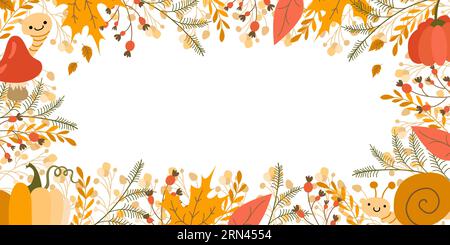 Rahmen-Vektor-Banner für den Herbst. Herbsthintergrund mit Kürbis, Pilz, Schnecke. Bunte Banner mit herbstlich gefallenen Blättern und gelbtem Laub. Stock Vektor