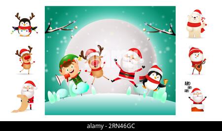 Fröhliche Weihnachtscartoonfiguren in der Winternacht Stock Vektor