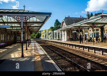 Blick auf Grange über Sands Railway Ststion. Stockfoto