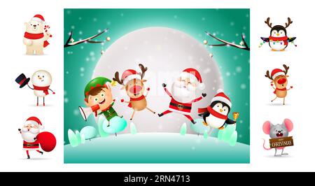 Niedliche Weihnachtscartoonfiguren in der Winternacht Stock Vektor