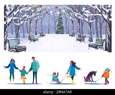 Winteraktivitäten im Park Flat Vektor-Illustration-Set Stock Vektor