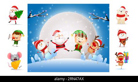 Fröhliche Weihnachtscartoonfiguren springen Stock Vektor