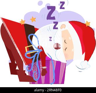 Der lustige Weihnachtsmann schläft auf der Geschenkbox Stock Vektor