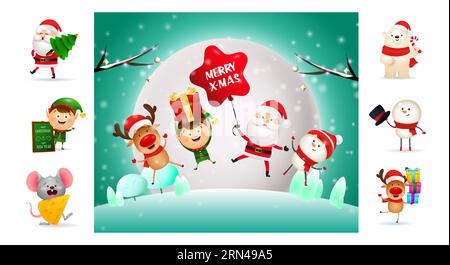 Glückliche Weihnachtscartoonfiguren in der Winternacht Stock Vektor