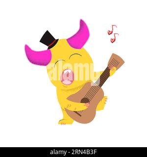 Niedliches Karikaturmonster, das Gitarre spielt und Liebeslied singt Stock Vektor