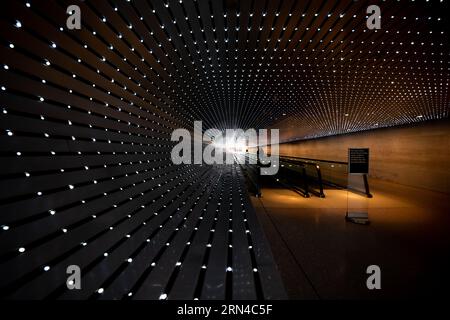 WASHINGTON DC, Vereinigte Staaten — 'Multiverse' (2008) von Leo Villareal, eine immersive Lichtskulptur-Installation mit 41.000 computerprogrammierten LEDs, beleuchtet den 200 Meter langen Concourse Walkway, der die Ost- und Westgebäude der National Gallery of Art verbindet Dieses dynamische Bildmaterial erzeugt ständig wechselnde Lichtmuster und verbindet programmierte Sequenzen mit Elementen des Zufalls. Stockfoto